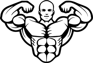 A simple black and white graphic of the torso of a muscular man flexing his biceps